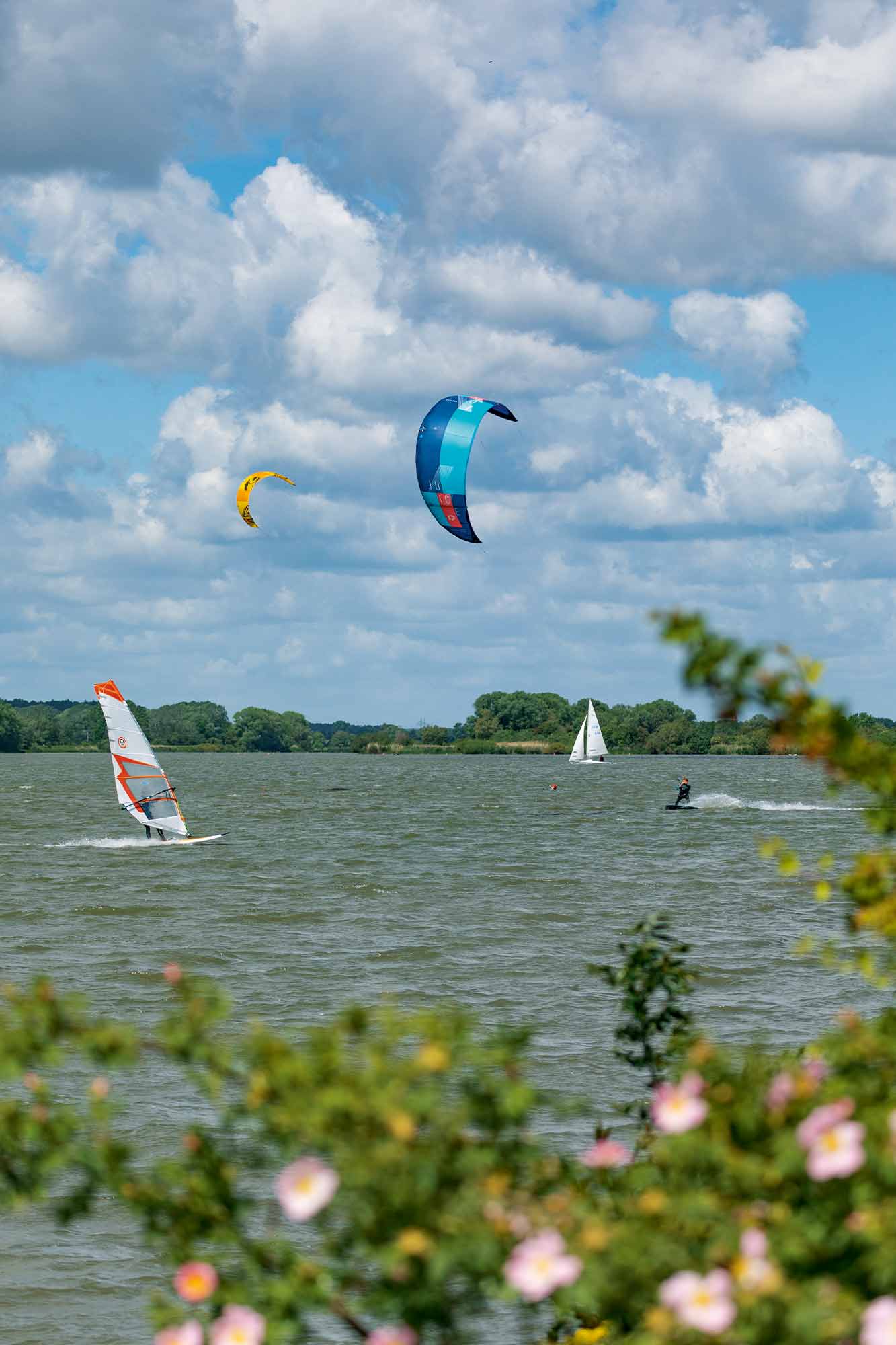 Surfer und Kiter fahren auf dem Altmühlsee